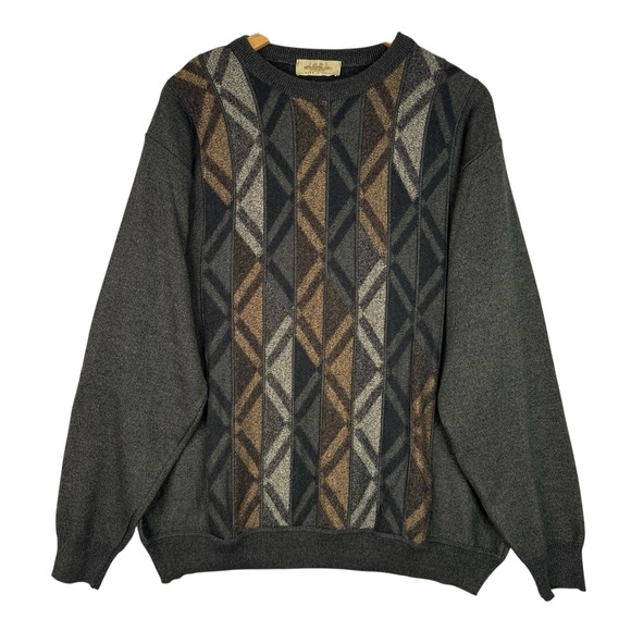 Montechiaro Italy Merino Wool Blend Sweater Mens Brown Geometric Crewneck